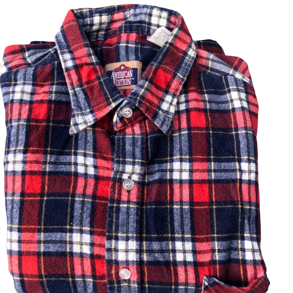 Mens American Edition Plaid Flannel Shirt Long Sleeve Casual Button‎ Up Red Navy